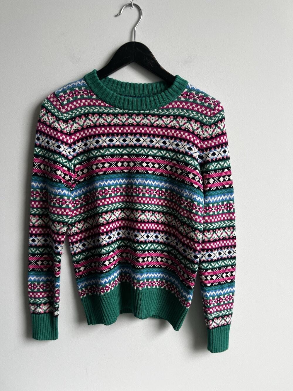 J.Crew Fair Isle Crewneck Sweater S Pink Green Multicolor Knit Excellent Cotton